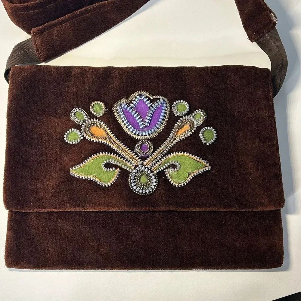 Handmade Upcycled Boho Brown Zipper Floral Purse Handbag